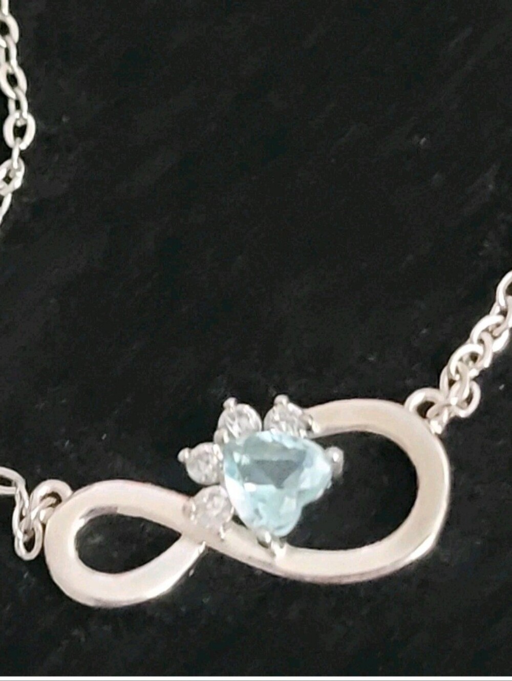 Silver Infinity Necklace W/ Aquamarine And Rhinestone Paw Print Dog Cat Lover